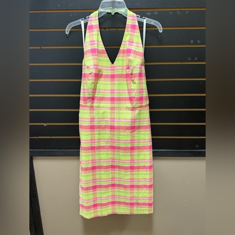 Liz Claiborne LizGolf Pink Green Plaid Halter Dress Size 12